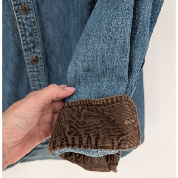 VTG Lands End Womens Blue Denim Chore Barn Shirt Corduroy Collar XXL Tall - Picture 4 of 11